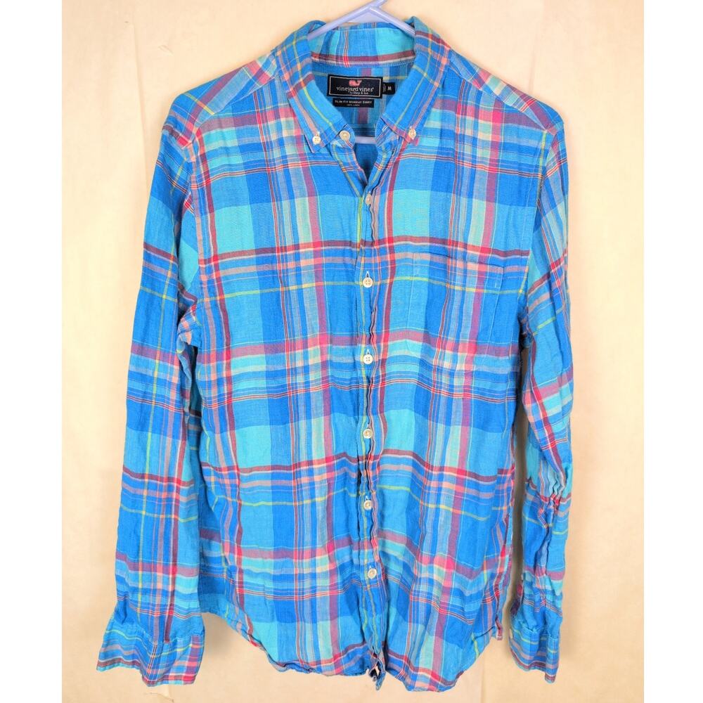 Vineyard Vines linen blue plaid Slim Fit Murray button up shirt Size Med Preppy